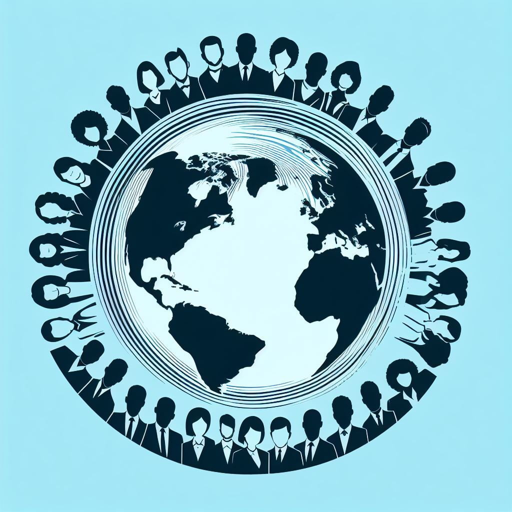 A globe surrounded by diverse people, showcasing the global reach and diversity in staffing and recruitment services.