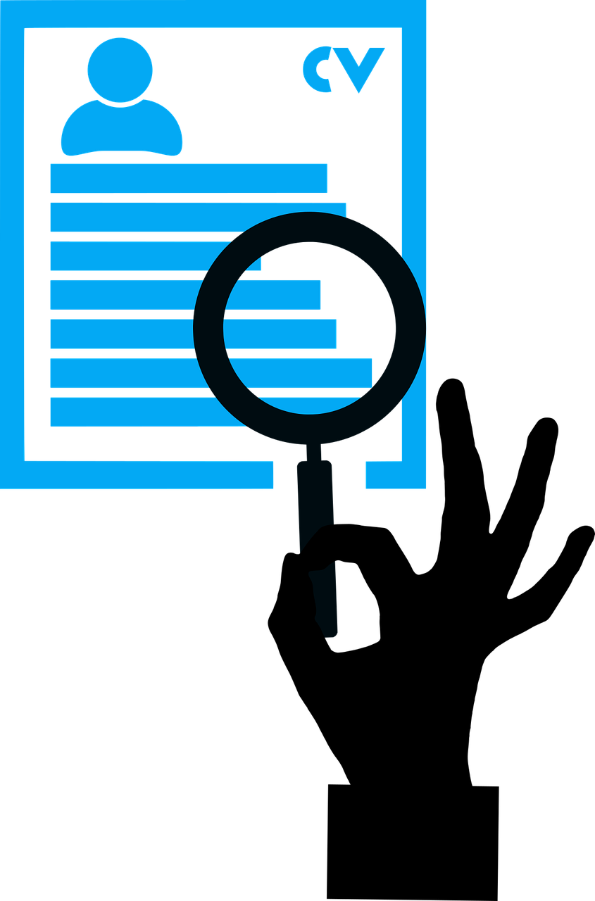 A visual representation of a resume being examined closely with a magnifying glass, symbolizing the attention to detail and thoroughness required in the recruitment and staffing process.